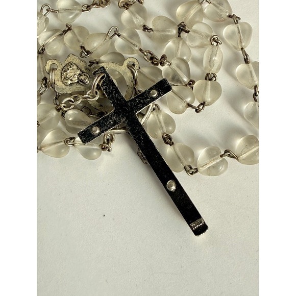Vintage Italy Frosted Glass Heart Bead Rosary Silver Tone Catholic Crucifix - Picture 3 of 6